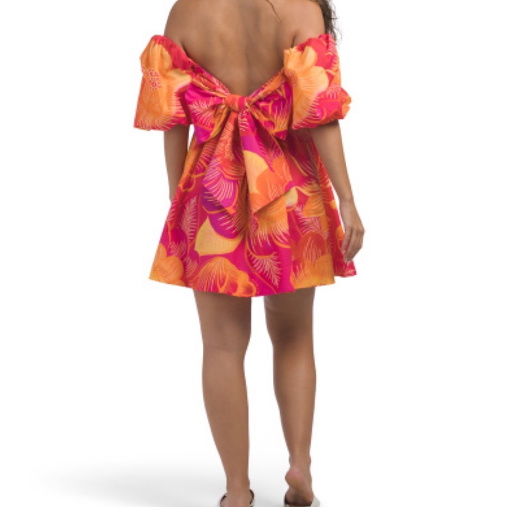 Farm Rio Orange pink floral Puff Sleeve Off the Shoulder mini Dress - Picture 8 of 8